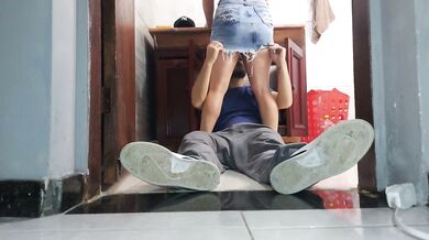 CUCKOLD WIFE receives plumber neighbor in skirt without panties