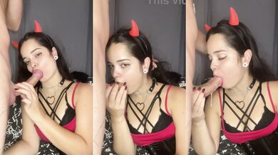 Little devil with a nice cleavage giving a slobbery deep blowjob to Wellington Prado